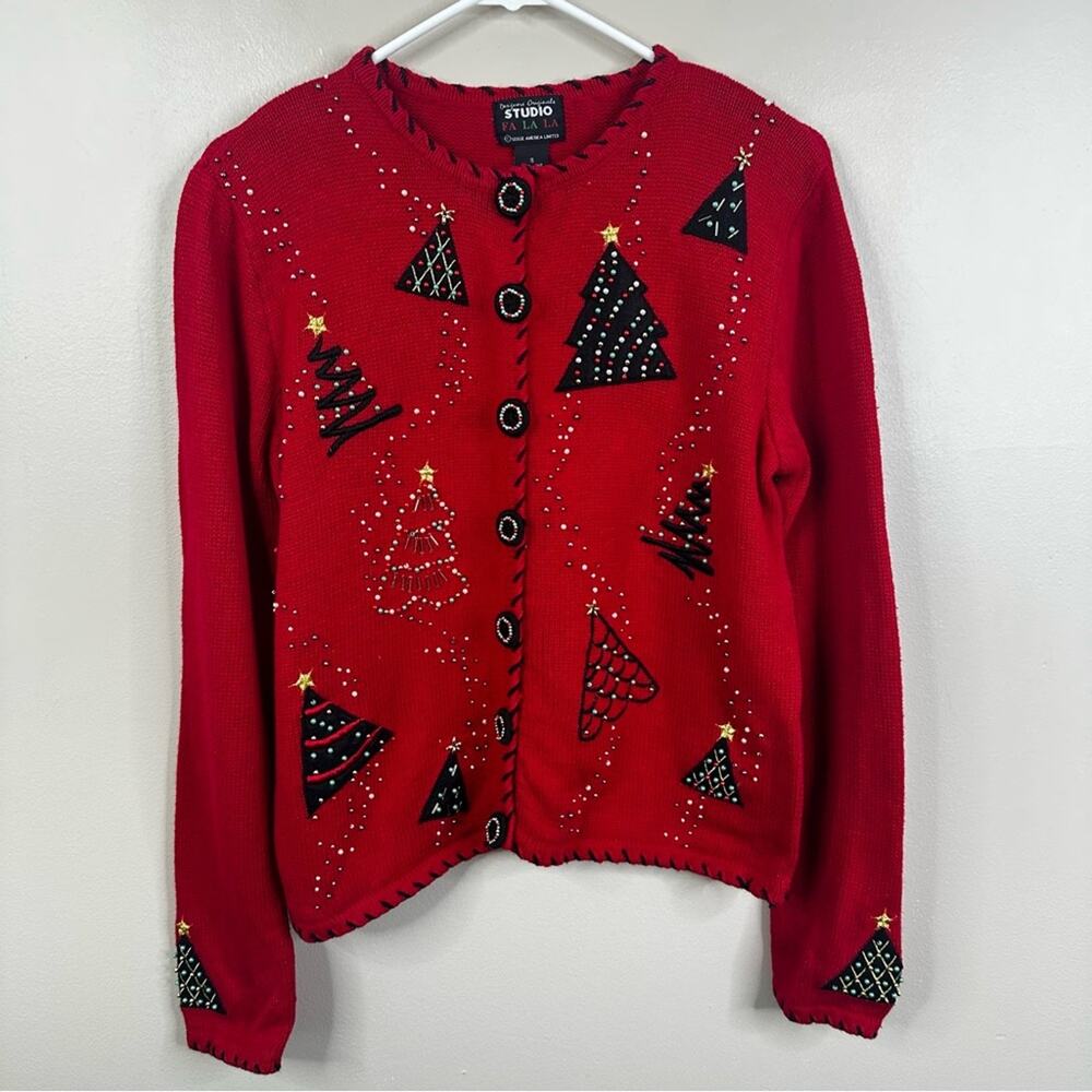 Vintage Christmas Tree Sweater Cardigan Womens Small Red Beaded Button Front